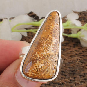 Anillo de Coral Fósil Natural, Plata de Ley 925, Anillo con Piedras Preciosas, Joyería de Coral Genuino al por Mayor para Mujer, Patrón Único de Fábrica - Product Image 1