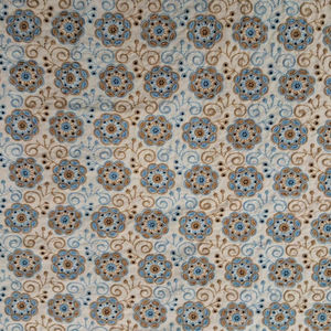Tissu en coton brodé à motif floral médaillon marron et bleu sur fond blanc, broderie sur toute la surface, très demandé, pour confection de robes - Product Image 1