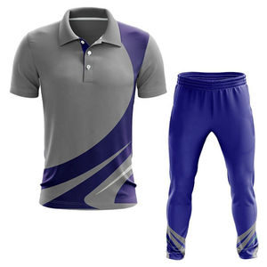 Men's Cricket Uniform Set Gray Purple Sublimated Moisture Wicking Athletic Fit Short Sleeve Polo With Elastic Waist Pants - Product Image 1