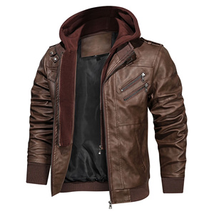 Hooded Collar Leather Jacket For Men With Zip Front And Clean <b>Upper</b> Neckline For Resistance Winter Wear For Sale - Product Image 3