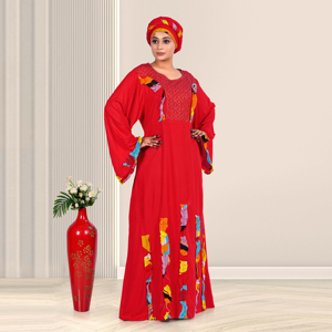 Caftán de Rayón con Panel de Cuello Bordado, Detalles Artísticos en Tela, Mangas Largas Relajadas, Silueta Elegante hasta el Suelo, Ideal para Eid - Product Image 3