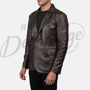 Blazer homme en cuir véritable marron foncé, coupe slim, deux boutons, veste de costume décontractée avec poche plaquée - Product Image 5
