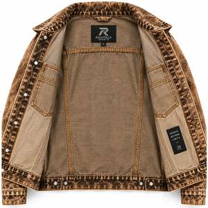 Veste en jean délavé pour homme, imprimé léopard, logo à paillettes, col rabattu décontracté, coupe classique, style automne - Product Image 4