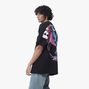 เสื้อยืดคอกลมแขนสั้นสีดำขนาดใหญ่พิเศษสำหรับผู้ชาย พิมพ์ลายตัวอักษรด้านหน้า เสื้อผ้าฝ้ายเจอร์ซีย์ลำลอง - Product Image 2