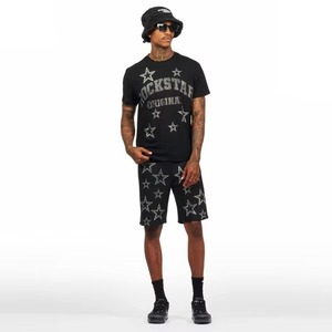 Ensemble T-shirt et short en coton délavé style streetwear vintage avec strass, faible MOQ, pour hommes - Product Image 4