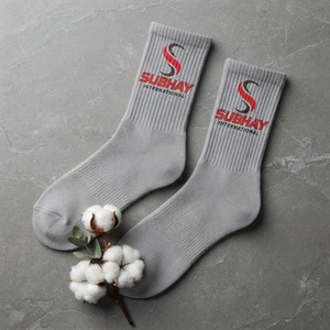 Subhay International Logo Crew <b>Socks</b> <b>Blue</b> Orange Geometric Pattern Unisex Adult - Product Image 3
