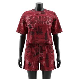 Conjunto de camiseta y pantalones cortos para mujer, jersey de poliéster y algodón premium, 180 GSM, rojo, estampado por sublimación en toda la superficie, logotipo personalizado, conjuntos para mujer - Product Image 1