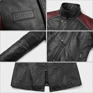 Biker Real Leather Trench <b>Coat</b> <b>Mens</b> <b>Black</b> Burgundy Shoulder Trim <b>Long</b> Overcoat Custom Winter Outerwear OEM Manufacturer - Product Image 6