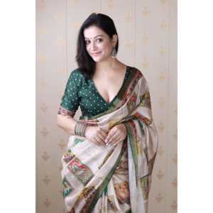 Sari en soie Tussar verte Elite Weaves avec imprimé Kalamkari audacieux et bordure tissée Zari – Vêtements indiens et pakistanais - Product Image 6