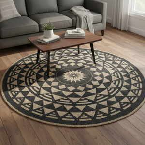 พรมปูพื้นทรงกลมปักลายสวยงาม ทำจากปอกระเจาธรรมชาติ งานแฮนด์เมด เหมาะสำหรับตกแต่งบ้าน ห้องนั่งเล่น และโรงแรม - Product Image 1