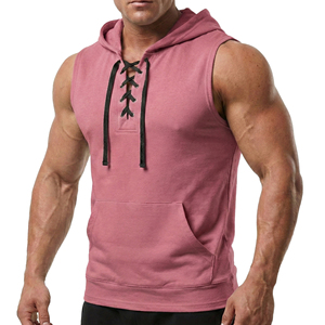 Camiseta sin mangas con logo personalizado para hombre, chaleco de entrenamiento con cordones frontales, ropa de algodón y felpa, camisetas con bolsillo canguro. - Product Image 1