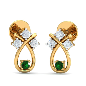 Women's Yellow Gold <b>Stud</b> <b>Earrings</b> With Round Diamond And Green Gem Water Drop Design Classic Style - Product Image 1