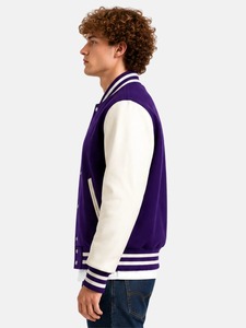 Men's <b>Purple</b> <b>Varsity</b> <b>Jacket</b> Solid Color Button Closure Regular Fit Turn-down Collar Polyester Cotton Lining Autumn Casual Style - Product Image 2