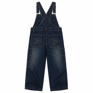 Salopette cargo en jean indigo délavé, coupe ample, style hip-hop urbain, avec broderie de marque - Product Image 3