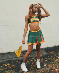 ชุดเชียร์สำหรับเด็กผู้หญิงชุดแข่งขันออกแบบได้ตามต้องการแบบ2025เทคนิคการพิมพ์ลายสีเขียวและสีเหลือง - Product Image 2