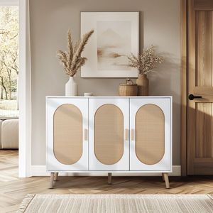 Moderno Armadio Verticale per Scarpe a 3 Ante con Struttura in Truciolato Bianco, Superficie in Legno Naturale e Rattan, Piedini Alti Dorati - Product Image 5