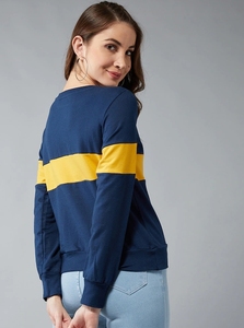 Sweat-shirt à col rond pour femme, bleu marine et jaune, à blocs de couleur, manches longues, tricoté, décontracté, respirant, pour l'automne - Product Image 3