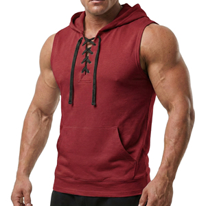 Camiseta sin mangas con logo personalizado para hombre, chaleco de entrenamiento con cordones frontales, ropa de algodón grueso, camisetas con bolsillo canguro. - Product Image 1