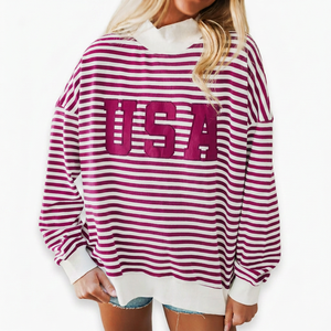 Sweat-shirt rayé personnalisé pour femme, coupe oversize, épaules tombantes, rayures horizontales, imprimé lettres universitaires, col montant, collection automne-hiver - Product Image 4