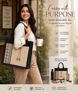 black laminated jute tote bag with ethnic print wooden button eco friendly reusable shopping <b>handbag</b> - Product Image 1