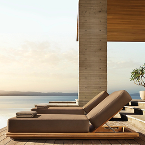 Chaise longue minimaliste en teck écologique avec dossier réglable et coussin moelleux, plateforme de lit de jour moderne pour hôtel et cour extérieure - Product Image 6