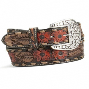 Cinturón de cuero de vaca occidental genuino 100% hecho a medida, 40mm con parte superior en relieve floral, Fabricante Mayorista indio, cinturón de herramientas - Product Image 6