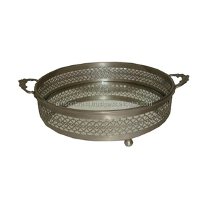 Plateau de service en métal et verre de forme ronde Luxe Royal Vente à chaud Plateau de service décoratif en métal rond et en verre miroir Utilisation - Product Image 1