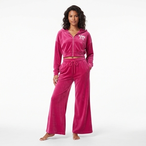 Ensemble de survêtement en velours pour femme, sweat à capuche court zippé à manches longues et pantalon de jogging évasé taille haute à cordon de serrage - Product Image 5