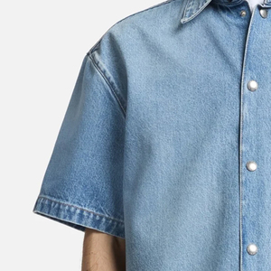 OEM Service Minimal Style Denim T Shirt With Turn <b>Down</b> Collar And Short Sleeves Clean Look Trendy Outdoor Wear With Front Pocket - Product Image 3