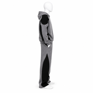 Ensemble de survêtement unisexe gris et noir à blocs de couleur avec sweat à capuche et pantalon long – Style décontracté streetwear - Product Image 4