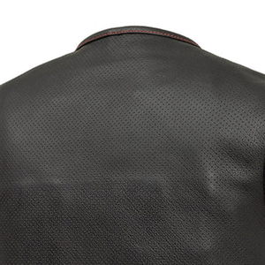 Men's Black Leather Sleeveless Biker Vest with <b>Red</b> Lining and Breathable Perforated Design All Seasons - Product Image 5