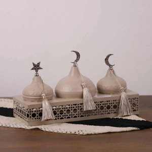 Bols de service ronds islamiques avec couvercle, décor étoile et lune, pompons, design oriental pour la vaisselle du Ramadan, bols à dattes - Product Image 6