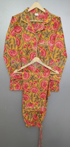 Handmade Indian Cotton Elegant Nightwear Set Women Long Sleeve Button Shirt Matching Relaxed Fit <b>Trousers</b> Bohemian Quick Dry - Product Image 4