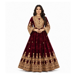 Robe de mariée pakistanaise pour femmes, Salwar Kameez en soie longue, couleur marron, broderie dorée, coupe ample, style hiver, robe afghane Kuchi - Product Image 6