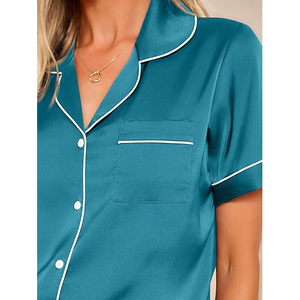 Sexy Ladies <b>Pajama</b> Style Women Night <b>Suit</b> Short Sleeve Lapel Collar Button Front Shorts Set - Product Image 2
