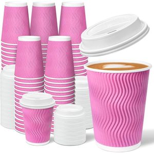 Paquete de 100 Vasos de Papel Desechables de 12 oz con Aislamiento Térmico, Color Rosa, para Café, Té, Chocolate para Llevar, con Tapas - Product Image 1