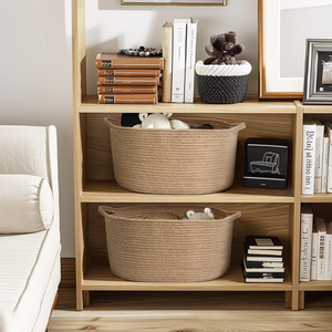 Jute Wicker Storage <b>Basket</b> with Handles, Decorative Woven Organizer Bin <b>for</b> Home, <b>Shelf</b>, Closet, and Entryway - Product Image 2