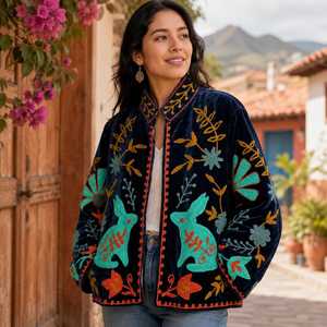 Veste Suzani en velours brodée à la main, unique et florale, pour occasions spéciales, style bohème, manteau long, blazer indien pour femmes, Karam Industries - Product Image 1