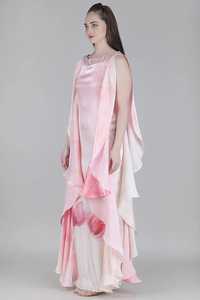 Vestido de noche de sirena rosa de gasa con cuello alto, largo hasta el suelo, con ilusión transparente y mangas regulares - Product Image 5