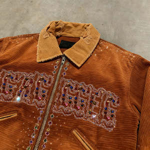 Chaqueta de hombre con cremallera de pana y mezclilla, estilo urbano, personalizada, con lavado vintage, diamantes y pedrería - Product Image 2