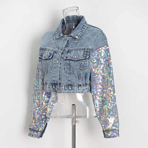 High Quality Women Clothing Fashion Washed Crop Denim <b>Jackets</b> <b>Sequins</b> Blue Denim <b>Jacket</b> Top Product - Product Image 4