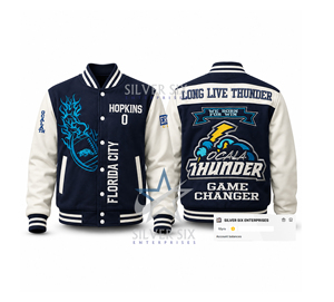 เสื้อแจ็คเก็ต Ocala Thunder Varsity สำหรับผู้ชาย ปักลายสไตล์เบสบอลแบบมหาวิทยาลัย ชุดกีฬาแนว Preppy ออกแบบโลโก้ได้ตามต้องการ - Product Image 1