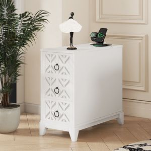 Tavolino Angolare Alto Bianco con 2 Ripiani Aperti e 3 Cassetti, Elegante Comodino per Camera da Letto, Data di Arrivo Prevista - Product Image 2
