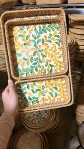 Bandeja de ratán ecológica con incrustaciones de concha pura, la más vendida, segura y limpia, ideal para servir café y organizar el escritorio. Proveedor directo. - Product Image 2
