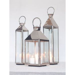 Juego de 3 Faroles de Vela de Acero Inoxidable y Vidrio Estilo Vintage para Decoración Interior y Exterior, Faroles Colgantes Plateados - Product Image 1