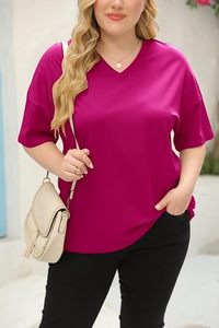 Camisetas de Verano para Mujer, Tallas Grandes, Cuello en V, Color Sólido, Ecológicas, de Media Manga, Estilo Casual, Holgadas, Tipo Túnica, 100% Algodón, 240 - Product Image 5