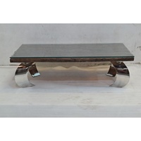 Table basse en bois de traverses de chemin de fer anciennes récupérées, finition chromée, pieds en verre, pour la maison, le bureau, l'hôtel, la villa