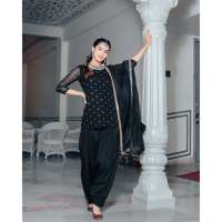 Ensemble de costume Patiala pour femmes, taille XS, écologique, noir pierre, tissu en mousseline, matière en georgette