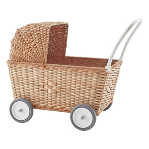 Poussette de poupée artisanale en osier avec roues, jouet de simulation pour enfant, chariot de bébé en rotin naturel, panier de nurserie, cadeau OEM ODM - Product Image 1