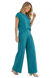 Women's 2 Piece <b>Long</b> Set Solid Teal O Neck Short Sleeve Top <b>Pleated</b> Wide Leg Pants - Product Image 4